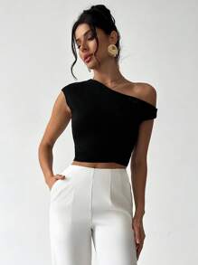 SHEIN Privé 女士优雅简约性感时尚个性化日常办公室通勤约会音乐节派对蕾丝拼接透明荷叶边短袖黑色紧身不对称领口 T 恤上衣，春夏 - 黑色 - 查看 4