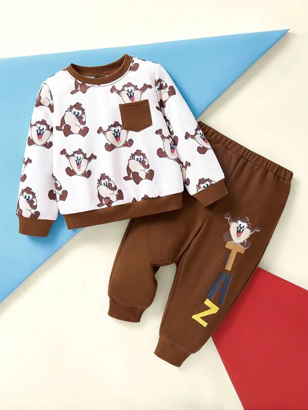 LOONEY TUNES X SHEIN 2pcs/Set Baby Boy Cute Cartoon Animal Taz Print Pocket Sweatshirt & Brown Letter Print Sweatpants Casual Sports Outfit, Suitable For Autumn/Winter