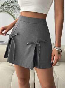 Chiquease 女士纯色高腰休闲短款蝴蝶结裙 - 灰色 - 查看 6