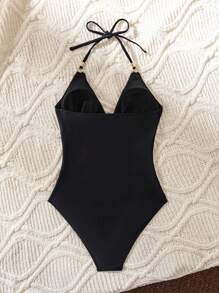 SHEIN Swim 1pc Sexy Backless Black Solid Color Splicing Mesh Spring Break One Piece Swimsuit For Women, New For Summer Beach Vacation - Black - View 8