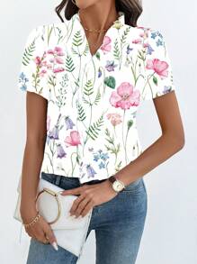 SHEIN LUNE 女士度假休闲花卉印花泡泡袖衬衫 - 彩色 - 查看 3