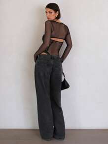 SHEIN BAE 女士细肩带蕾丝拼接黑色紧身胸衣上衣性感紧身衣，猫女装，女士性感俱乐部服装，女士西装，女士音乐会服装，女士海滩服装 - 黑色 - 查看 5