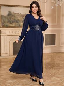 Modelyn Vestido elegante con mangas de farol y aplicaciones de strass para mujer de talla grande - Azul Marino - Ver 6