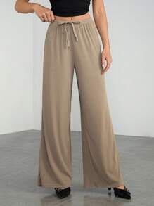 SHEIN Tall 夏季女士阔腿运动裤卡其色低腰裤舒适裤休闲裤宽松裤女式裤子卡其色女式下装街头装度假装