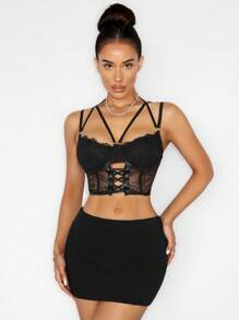 Zolique Women's Black Lace Criss Cross Crop Top: See-Through Mesh Rave Top For - Black - View 5
