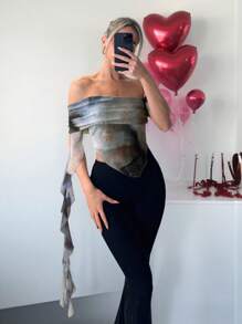 SHEIN Privé Top moulant à volants asymétriques, épaules dénudées, teinture nouée, taille froncée, ourlet pour festival, Saint-Valentin, concert, rave pour femmes - Multicolore - Voir 2
