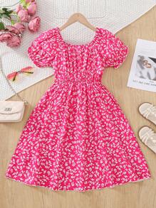 Tween Girl Elegant Floral Pattern Puff Sleeve Dress Is Suitable For Daily Travel And Vacation Wear
