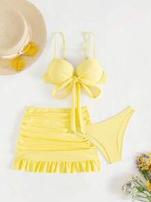 Swim Mod 3pcs/Set Solid Color Spaghetti Strap Bow Decor Ruffle Hem Push Up Yellow Beach Dress & Bikini Set, Summer Beach Holiday - Yellow - View 1