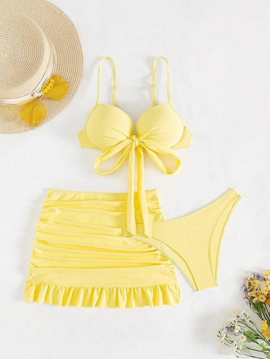 Swim Mod 3pcs/Set Solid Color Spaghetti Strap Bow Decor Ruffle Hem Push Up Yellow Beach Dress & Bikini Set, Summer Beach Holiday - Yellow - View 1