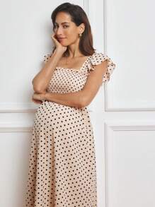 MaterniWear Work/Office Cable Bodice, Square Neck, Ruffled A-Line Hem Mid-Length Maternity Dress - Beige - View 5