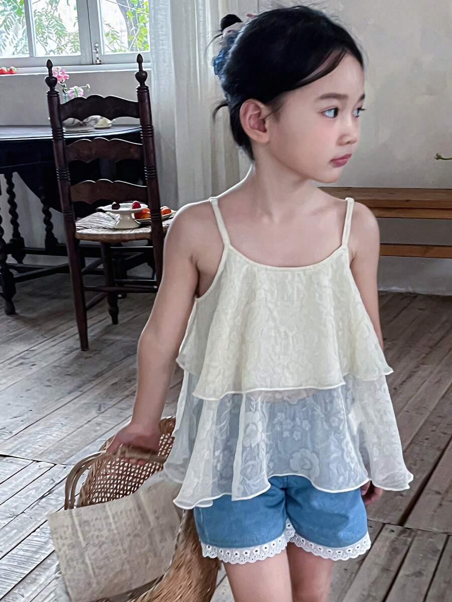 DAZY 年轻女孩简约时尚休闲日常吊带背心，女孩夏季服装 - 杏色 - 查看 1