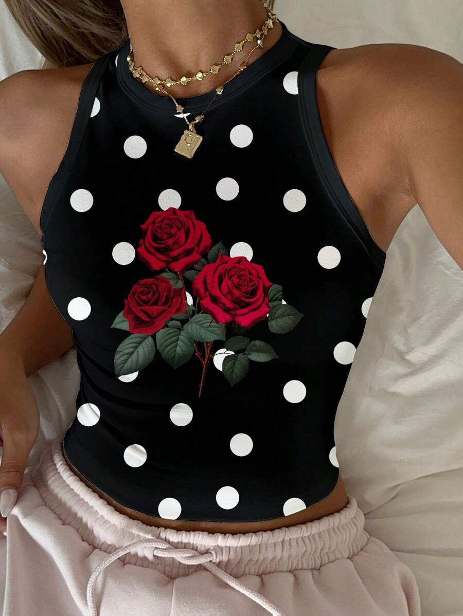 SHEIN EZwear Casual Simple Polka Dot Flower Pattern Round Neck Tight Women's Tank Top Suitable For Summer Chic - White - View 1