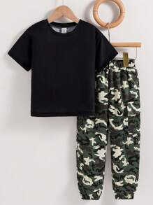 2pcs/Set Young Boy Round Neck Short Sleeve Letter Print Simple Top And Long Pants Outfit