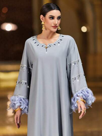 Layrah Feather Cuff & Woven Strap Spliced Fringe Decorated Trumpet Sleeve Long Dress, Modest Kaftan