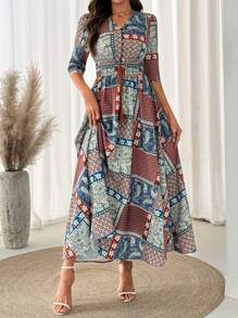 SHEIN LUNE Sukienka rozkloszowana z marszczeniami i marszczeniami w talii, wzór nadruku, swobodny, wakacyjny, elegancki, uliczny - Wielokolorowe - Zobacz 3