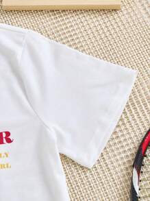 SHEIN Explorewe 2pcs/Set Girls Vintage-Style Tennis Racket Print Loose Casual Round Neck T-Shirt + Solid Color Shorts Sports Set, Suitable For Spring/Summer Daily Wear & Sports - White - View 8