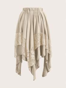 ROMWE Goth Woman Beach Long Skirt With Layered Lace Trim Asymmetrical Hem, For Spring Vacation Outfits - Khaki - View 2