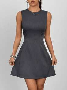 Chiquease Vestido corto clásico de cuello redondo sin mangas, ajustado, de color gris oscuro, elegante para ir al trabajo, fiestas, tomar el té por la tarde, vacaciones y volver al colegio, para primavera/verano