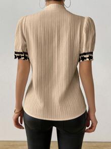 RosyDaze Women's Colorblock Ruffle Trim Textured Fabric Short Puff Sleeve Shirt - Khaki - View 2