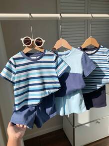 SHEIN Leap Crew 6pcs/Set Baby Boy & Girl Summer Casual Versatile Knit Patchwork Short Sleeve T-Shirt & Shorts Sets, Suitable For Spring/Summer Indoor & Outdoor Wear - Blue - View 8