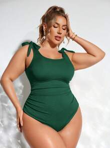 Swim Lushoire 大码女式纯色扭肩连体泳衣，适合夏季海滩度假 - 墨綠色 - 查看 5