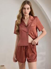 Ocili Leisure Women Solid Color V-Neck Short Sleeve Top And Shorts Pajama Set