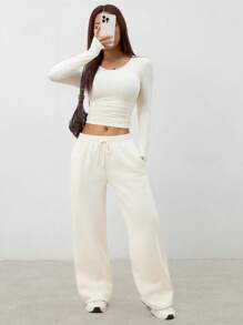 SHEIN PETITE Women's Solid Color Round Neck Long Sleeve Simple Top And Pants Casual 2 Pieces Set - Apricot - View 4