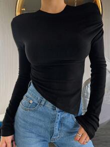 DAZY Women's Solid Color Ruched Asymmetric Hem Fitted Casual T-Shirt Fall Tops