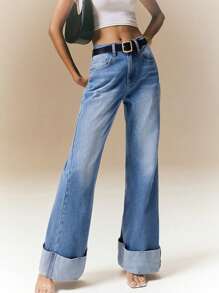 Poéselle Jeans rectos de ajuste delgado de denim azul para mujer, atuendos de verano para mujer, jeans holgados para mujer, atuendos para salir, estilo de los 2000