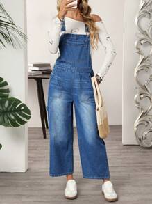 SHEIN LUNE Loose Casual Button Pockets Washed Denim Bib Pants - Blue - View 5