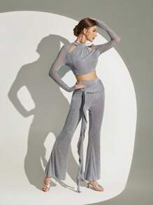 Dansine Latin Dancewear 2pcs/Set Women Dance Outfit With Mesh Patchwork Top And Flare Leg Pants, Elastic