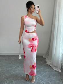 Elenzga 2pcs/Set Floral Print Shoulder Top & Hollowed Waist Skirt