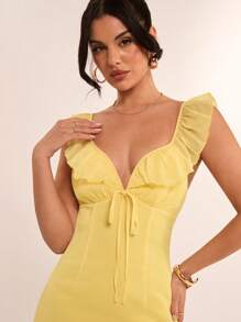 SHEIN BAE Spring Elegant Vacation Party Dress For Women, Solid Color Deep V-Neck Ruffle Trim Sexy Backless A-Line Midi Dress, Suitable For Romantic Dates, Outing With Friends, Vacation Activities, And Daily Elegant Occasions