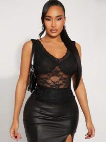 SHEIN SXY Solid Black Sexy Lace See-Through Tank Top, Versatile Layering Piece, Suitable For Music Festivals, Everyday Wear, Parties, Clubs, Dates, Vacations, Beaches, Swimsuit Cover-Ups, Spring/Summer