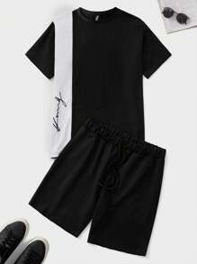 RueChic Conjunto informal para hombre de camiseta de cuello redondo de unicolor con parches y pantalones cortos