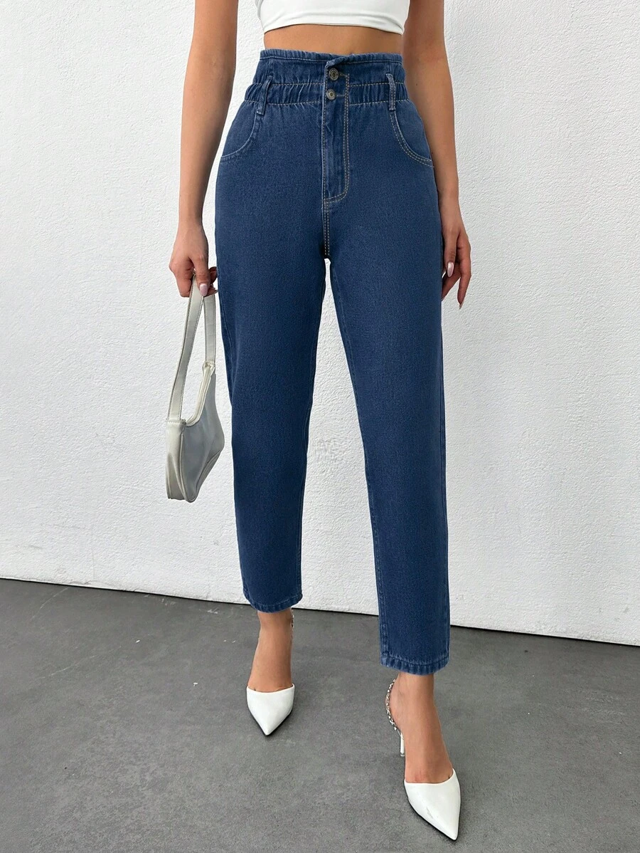 Cottnline Slant Pocket High Waist Mom Fit Jeans - Dark Wash - View 1