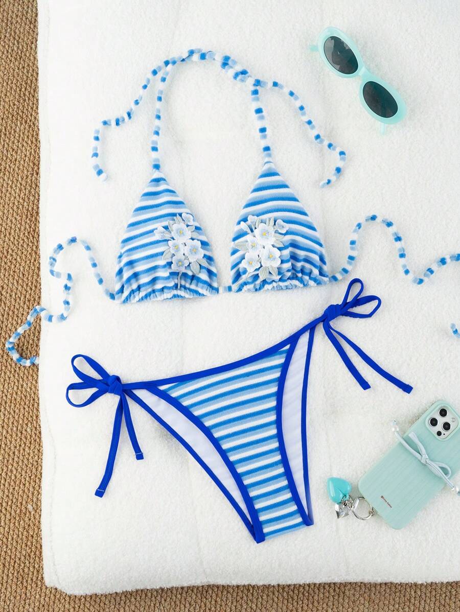 Swim Mod Bikini de ropa de baño con bordado floral y rayas para mujer, perfecto para vacaciones de verano en la playa - Multicolor - Ver 1