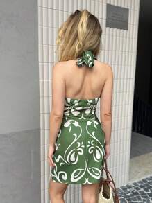 SHEIN Forever 21 Women's Boho Mini Dress Green Floral Print Halter Sleeveless Asymmetrical Hem Woven Fabric Knot Detail Summer Dress - Green - View 2