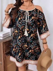 Breezaya Plus Size Women's Plant Print Off Shoulder Loose Vacation Dress