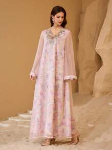 Al Najma Women's Floral Chiffon Elegant Turkish & Arabian Traditional Maxi Jalabiya Dress Wedding Dresses For Women