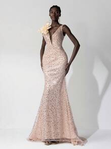 SHEIN Belle Elegant And Gorgeous Champagne Sequin Embroidered Fabric Dress With Deep V-Neck Exaggerated Three-Dimensional Flower Decoration On The Shoulders. Tight Fishtail Dress With Large Train. Wedding Guest Dress, Suitable For Dinner, Bachelor Party, Date, Vacation, Homecoming Season, Graduation Season, Wedding Event, Birthday Party, Evening Dress, Formal Dress - Apricot - View 5