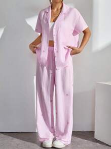 SHEIN PETITE Nuevo conjunto informal de 2 piezas con camisa de manga corta y pantalones con estampado de rayas rojas y blancas