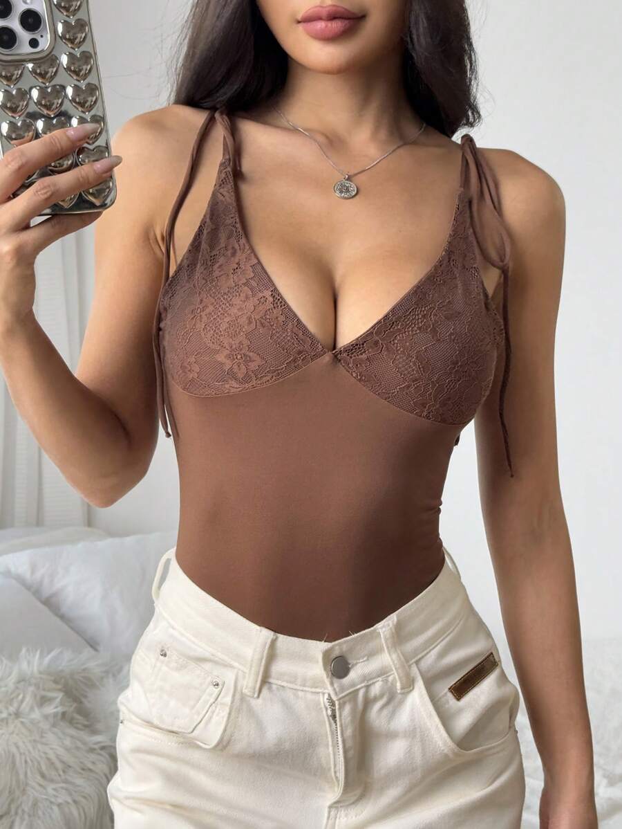 SHEIN EZwear Women Contrast Lace Sleeveless Bodysuit - Brown - View 1