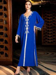 Al Najma Handmade Navy Blue Beaded Dress Kaftan Jalabiya Dress - Royal Blue - View 7