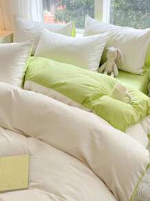 3 件套象牙色和浅绿色宿舍床上用品套装，1 个羽绒被套，2 个枕套，可机洗 - 奶油白 - 查看 5
