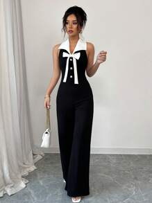 Elenzga 撞色蝴蝶结无袖腰部合身优雅浪漫女式连体裤