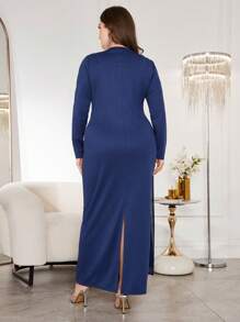 Modelyn Plus Size Elegant Ruffle Rhinestone Decor Long Dress Fall Cloth For Women - Navy Blue - View 5