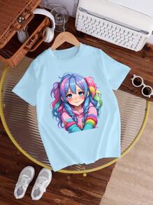 SHEIN Tween Girls' Casual Minimalist Daily Wear Short Sleeve Round Neck T-Shirt - Baby Blue - View 1