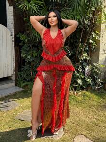 SHEIN SXY Vestido elegante de talla grande para mujer con estampado de leopardo, corte de espalda, volantes y flecos, de cuello alto con abertura, ideal para primavera temprana, primavera y verano, en entornos como selva tropical, fiestas en la playa, vacaciones junto al mar, fiestas junto a la hoguera, fresco y ligero, de corte ajustado y cómodo de llevar, fácil de combinar, realza la figura. - Multicolor - Ver 3