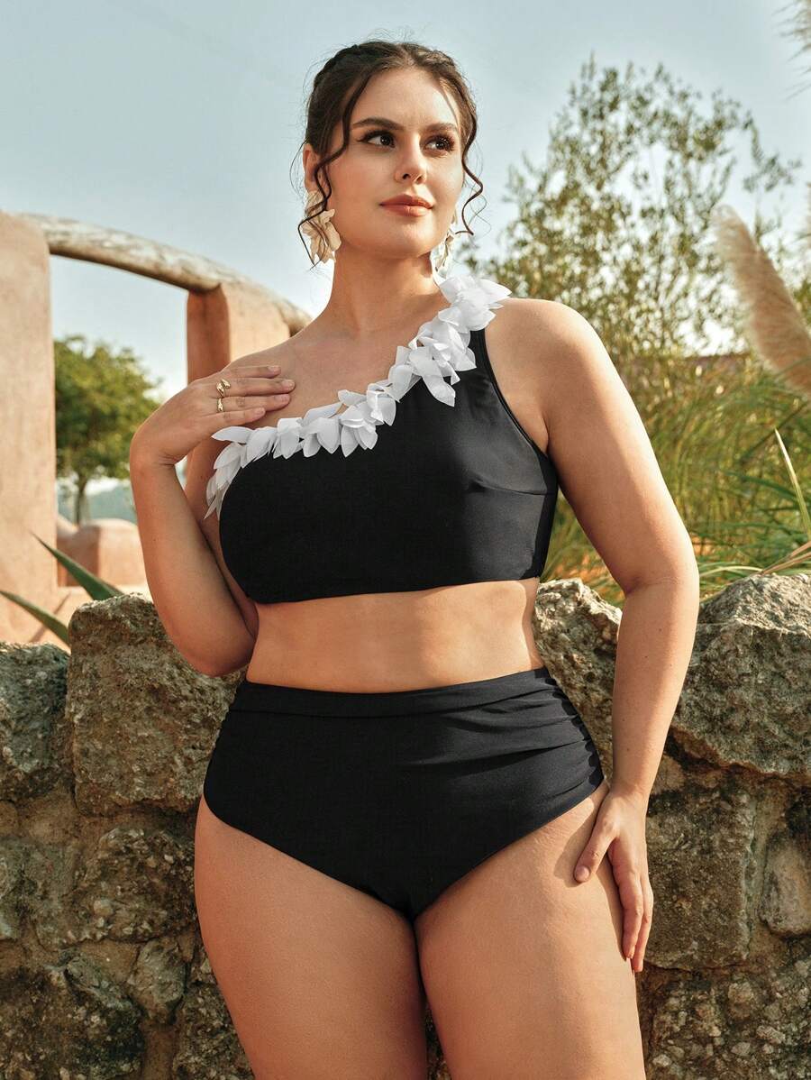 Swim Chiccia 2 件大码女式纯色露背雪纺荷叶边上衣和高腰褶皱三角裤比基尼套装,适合夏季海滩度假 - 黑與白 - 查看 1